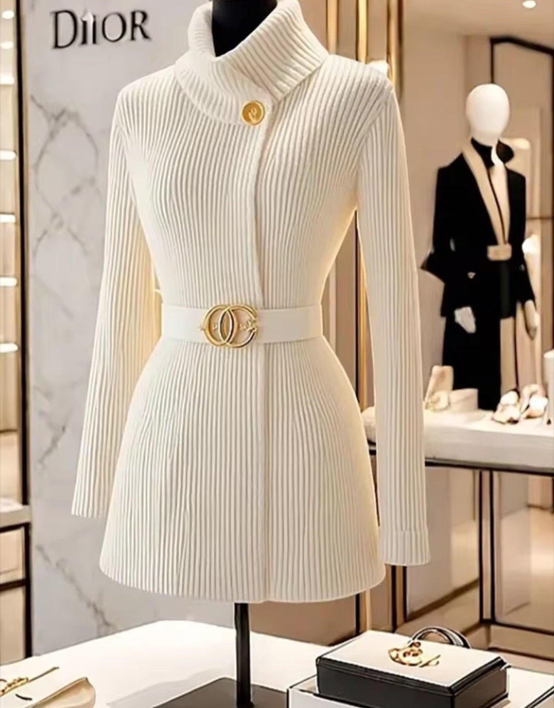 Ribbed Knit Belted Turtleneck Sweater – Gold Button Detail - GLITCH-BELLE