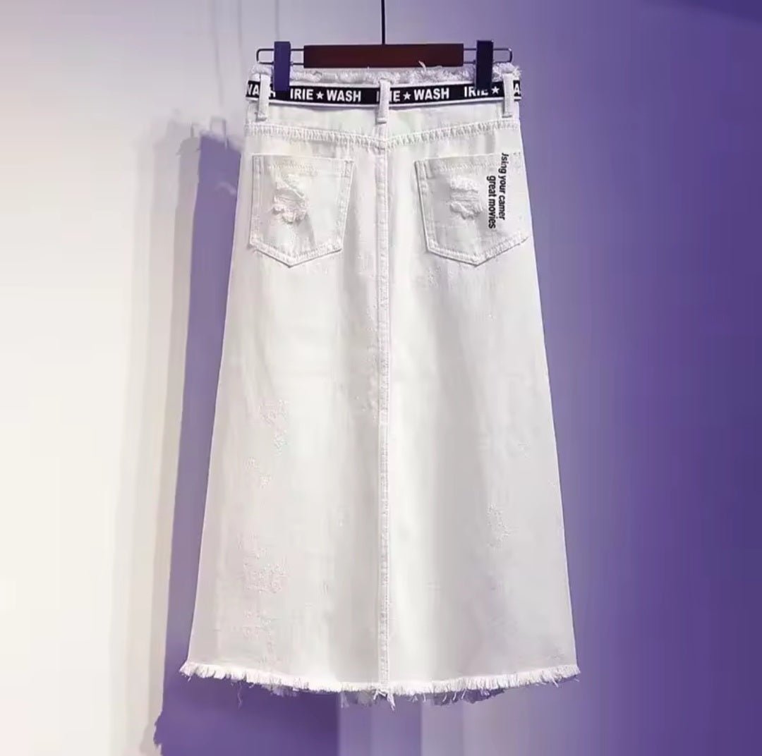 White Denim Letter Print Maxi Skirt - GLITCH - BELLE