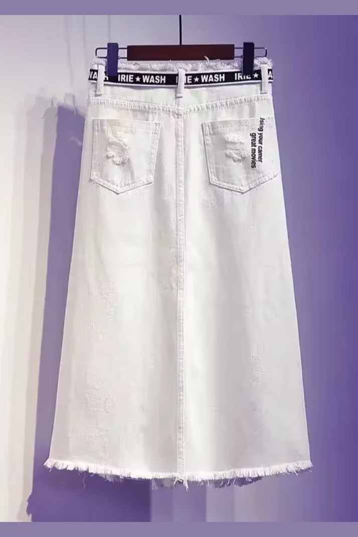 White Denim Letter Print Maxi Skirt - GLITCH-BELLE
