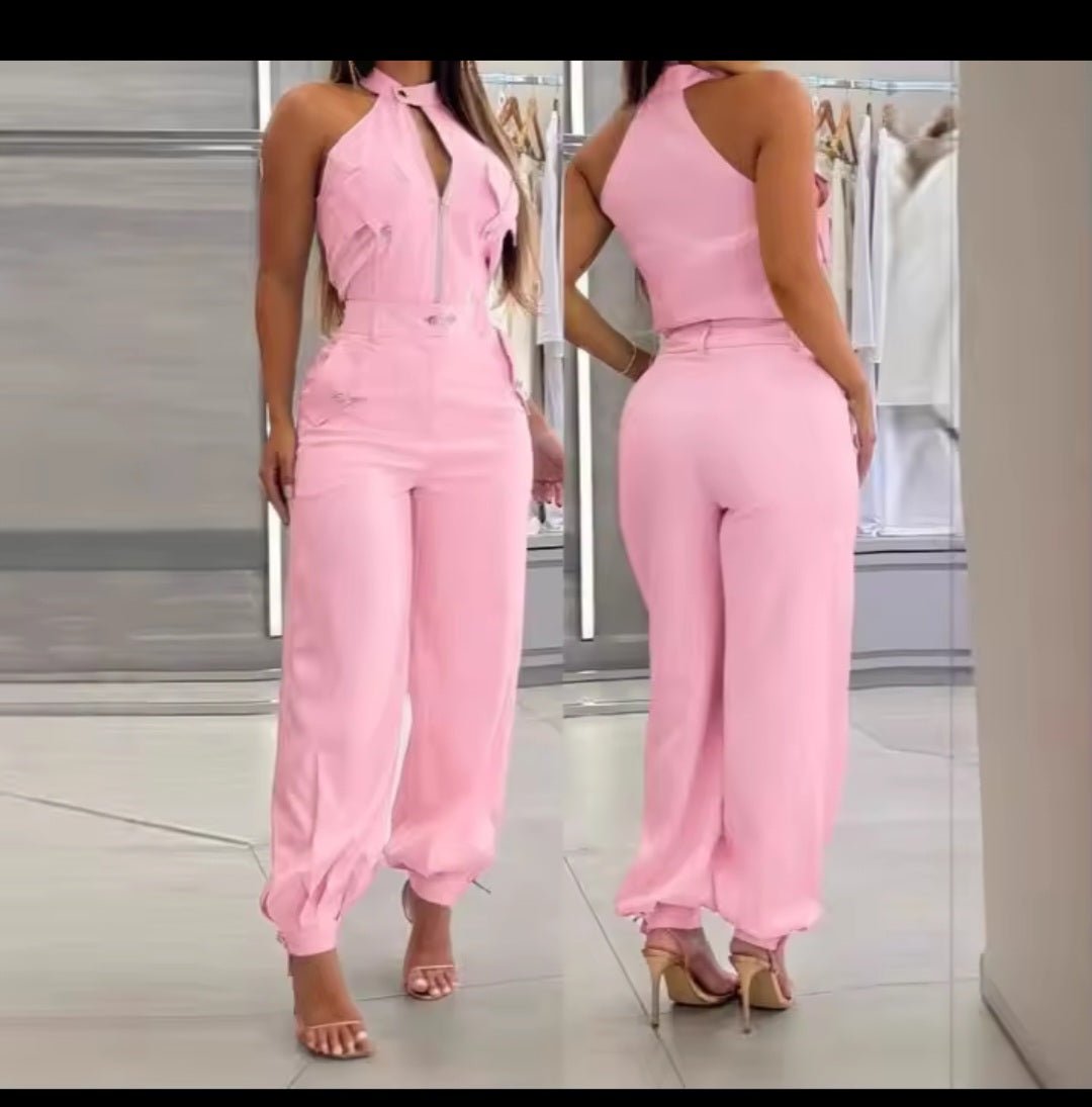 2025 Summer Women's Sleeveless Slim Fit Top & Wide - Leg Work Pants 2 - Piece Suit - GLITCH - BELLE