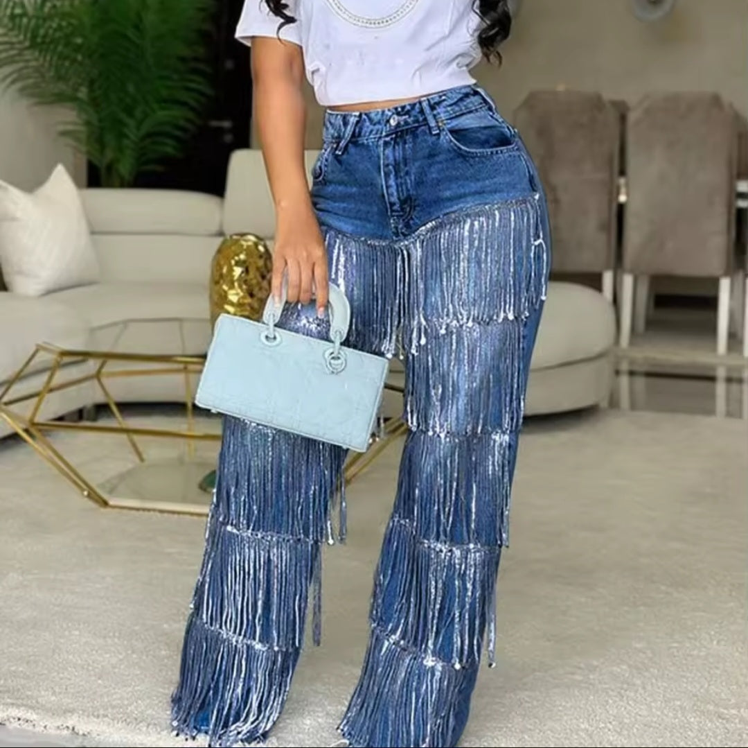 Women's Fringe Straight-Leg Jeans – Mid-Waist Casual Denim Pants