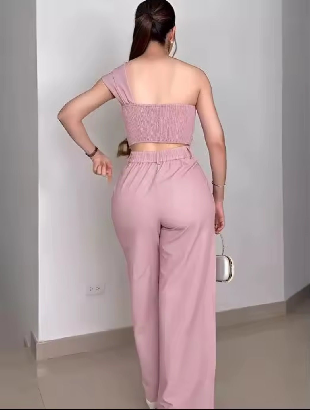 Rhinestone 3D Floral One Shoulder Sleeveless Shirred Back Top & High Waist Wide Leg Pants 2 - Piece Set - GLITCH - BELLE