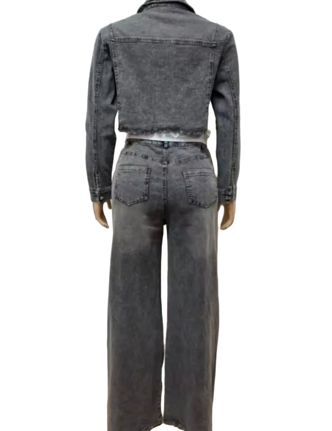 Streetwear Denim 2 - Piece Tracksuit Set | Long Sleeve Jacket & Straight - Leg Jeans - GLITCH - BELLE