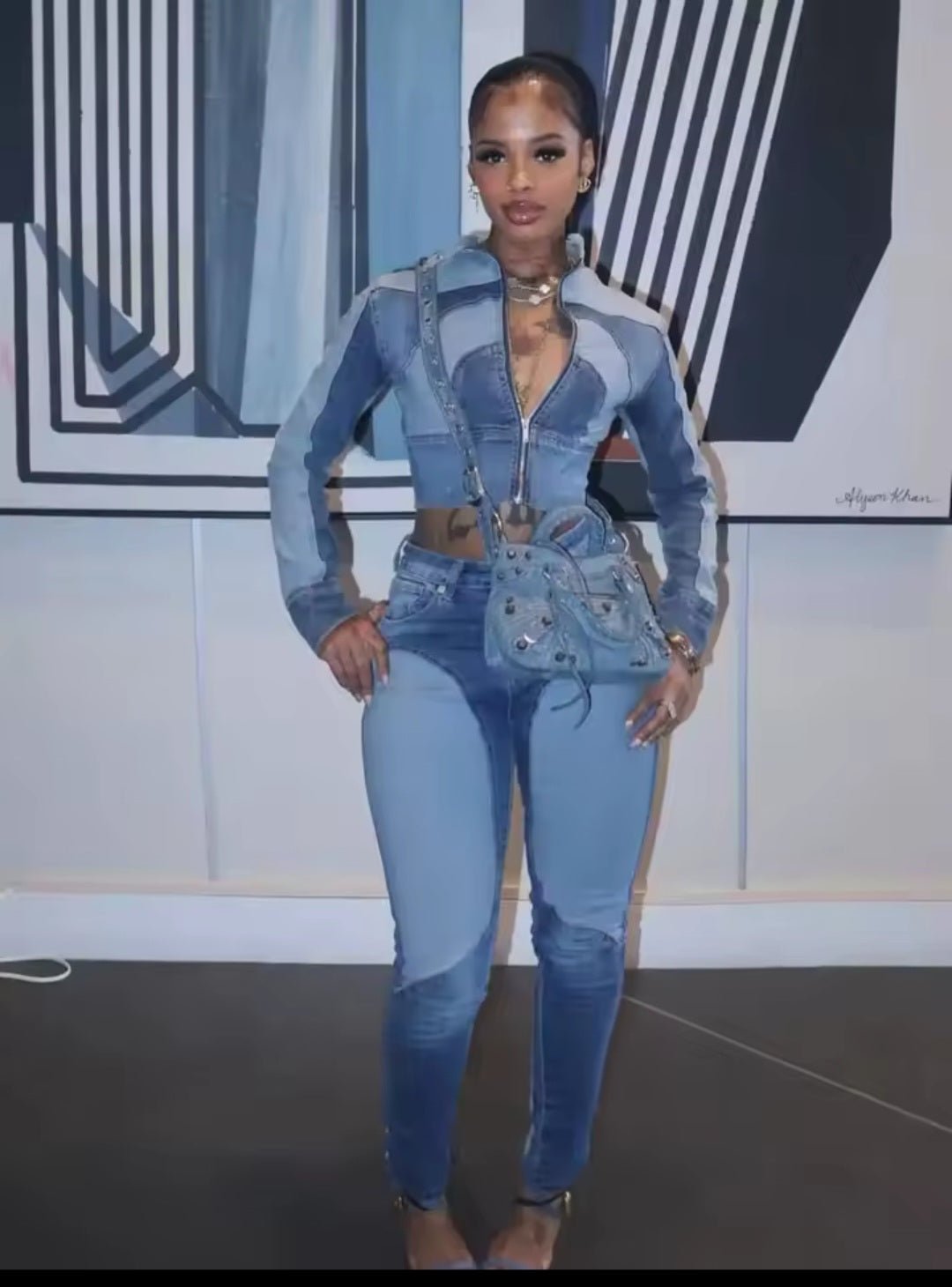 Streetwear Denim Two - Piece Set – Jacket & Trousers - GLITCH - BELLE