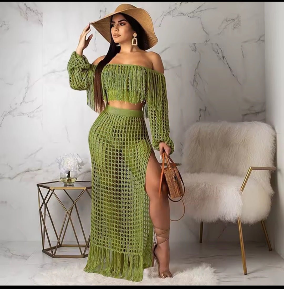Skirt 2 Piece Set Women Beach Long Skirts Suit Top Off Shoulder Tassels Sexy Hollow Out Ensemble 2025 Summer Female Outfits - GLITCH - BELLE