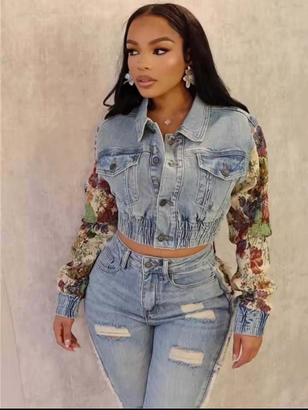 Jeans Suit Women Denim Two Piece Set Flower Print Y2K - GLITCH - BELLE
