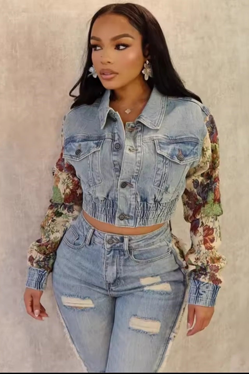 GLITCH-BELLE Women's Flower Print Y2K Denim Two-Piece Jeans Suit - GLITCH-BELLE