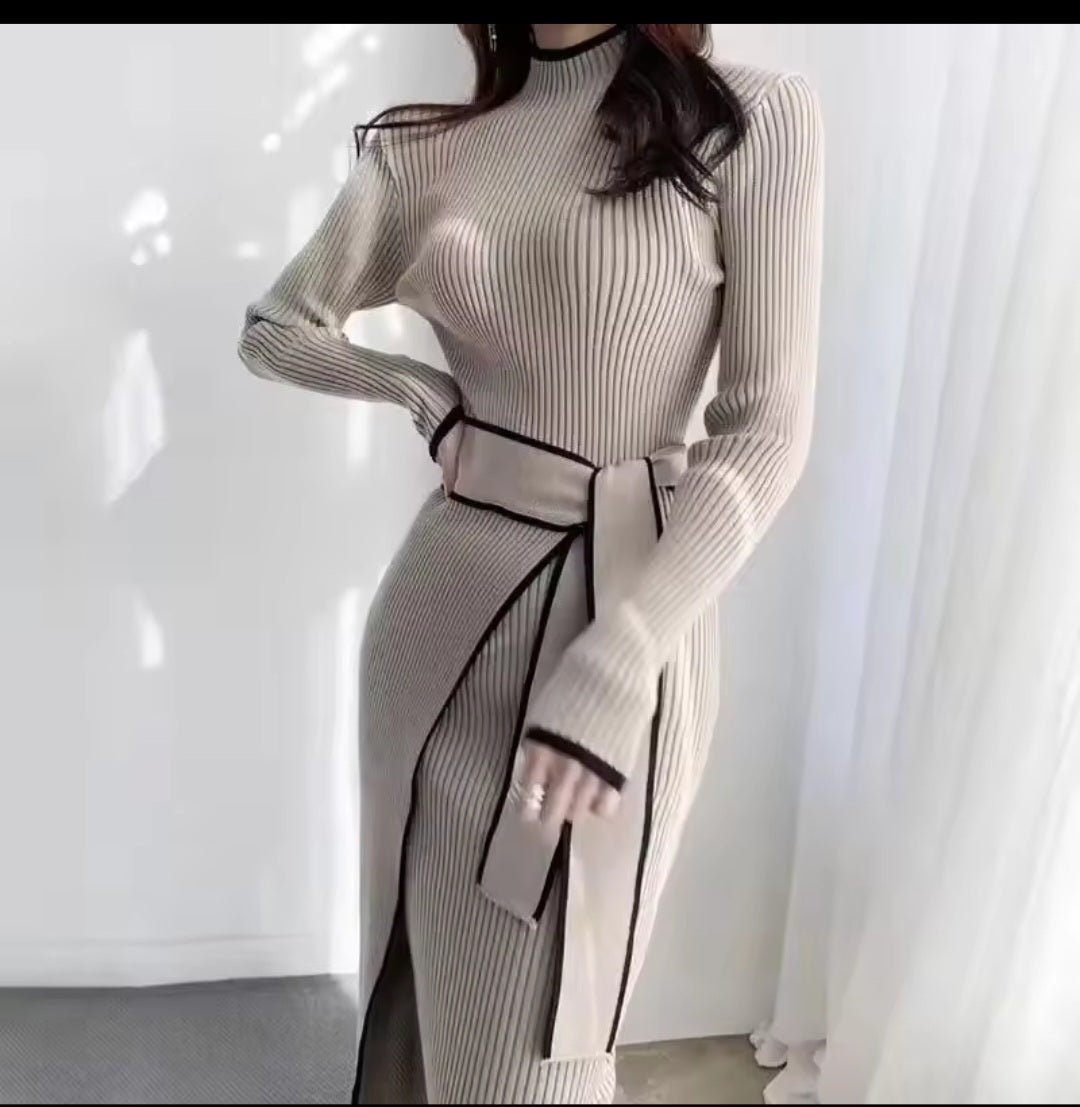 Retro Knitted Bodycon Dress – Women's Korean Fashion Half High Collar Lace Up Elegant Sweater Dress Autumn Winter - GLITCH - BELLE