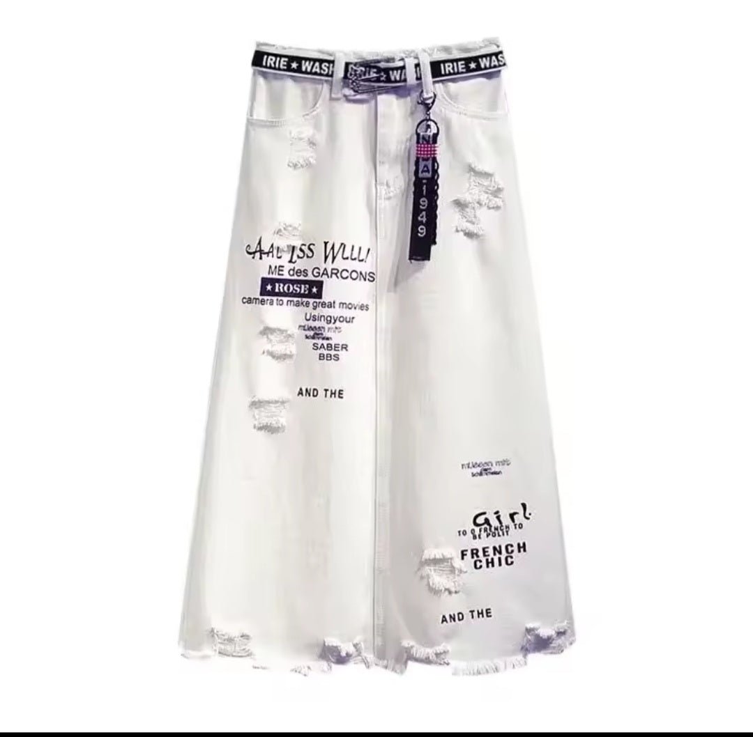 White Denim Letter Print Maxi Skirt - GLITCH - BELLE