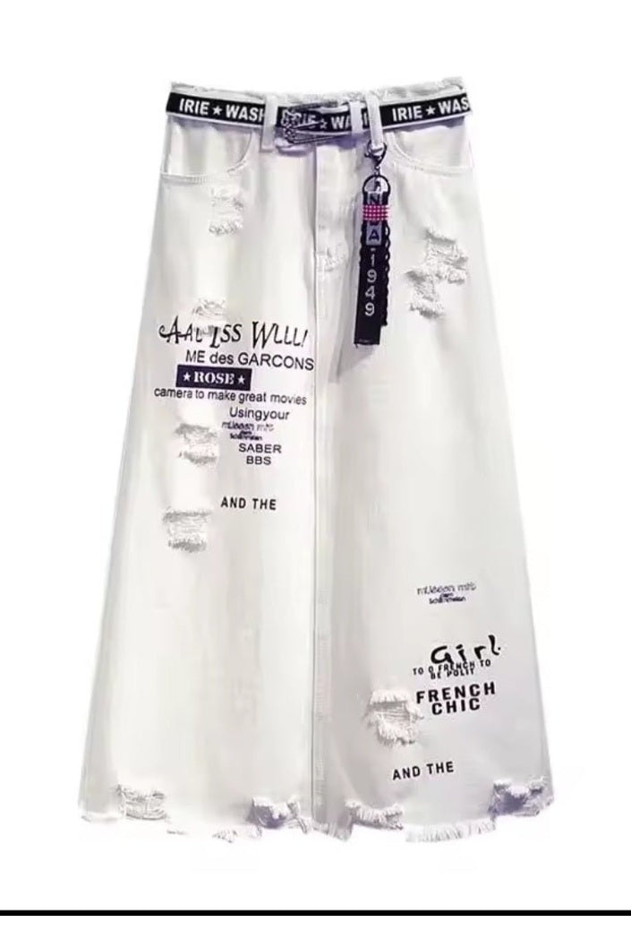 White Denim Letter Print Maxi Skirt - GLITCH-BELLE