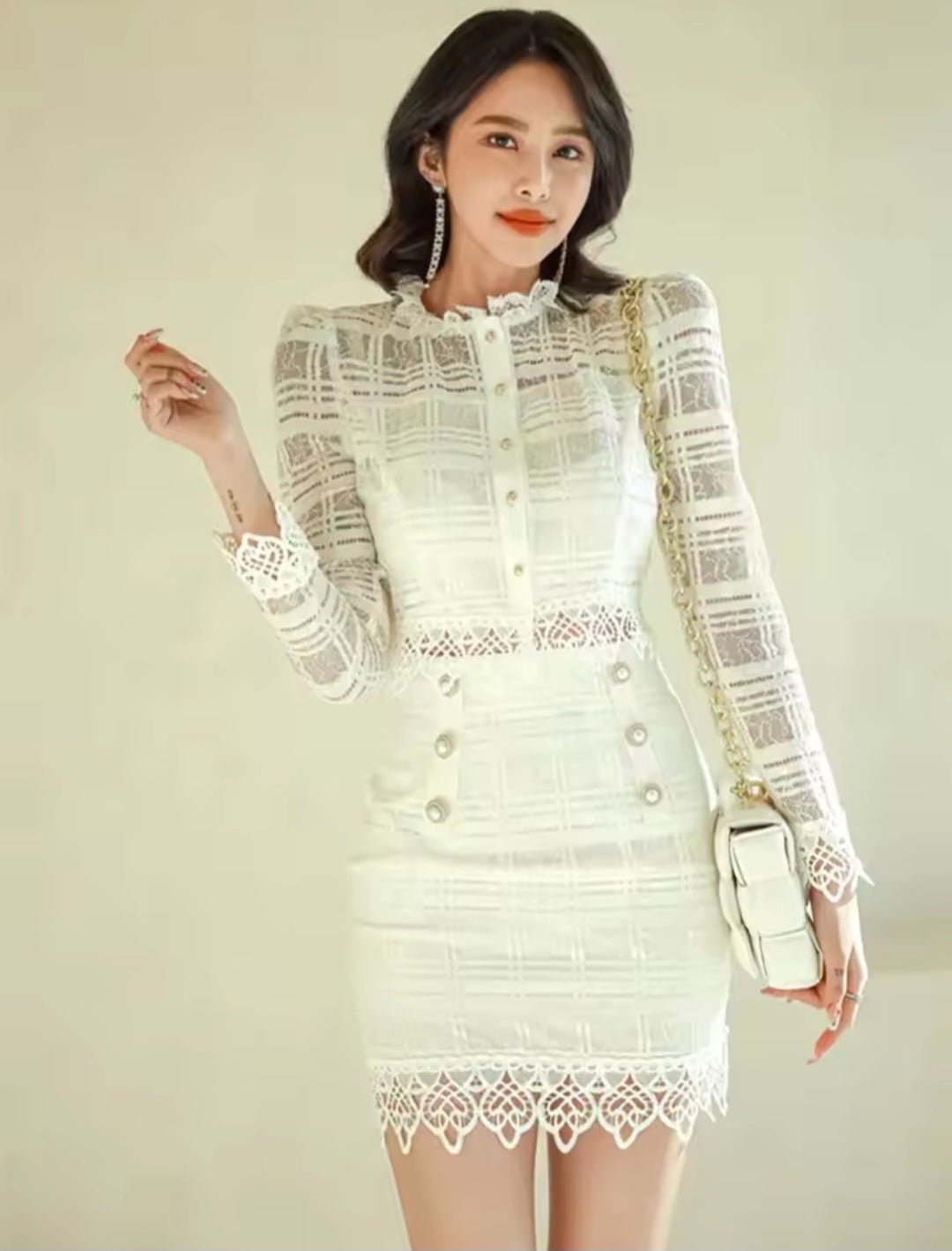Women's Autumn Long Sleeve Lace Top & High Waist Wrap Hip Pencil Skirt Office Suit - GLITCH - BELLE