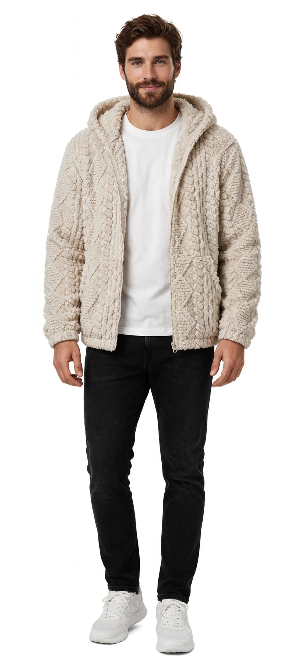 Jacquard Plush Zip-Up Hoodie Cardigan – Men's