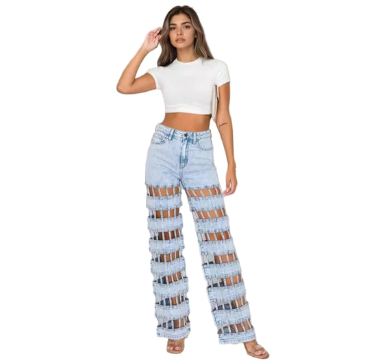 Fashion Hollow Out Denim Pants – High Waist Wide Leg Streetwear Jeans