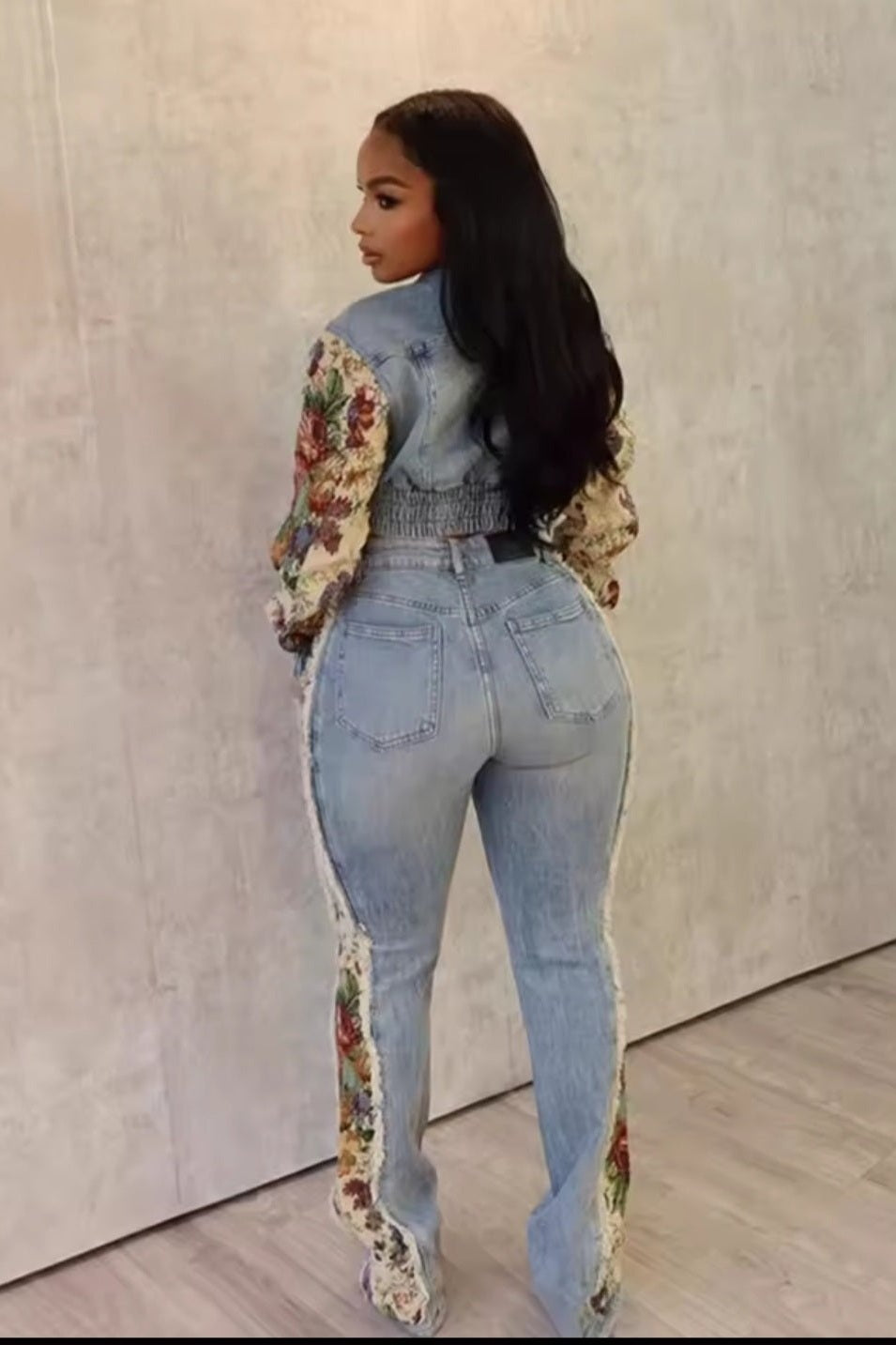 GLITCH-BELLE Women's Flower Print Y2K Denim Two-Piece Jeans Suit - GLITCH-BELLE