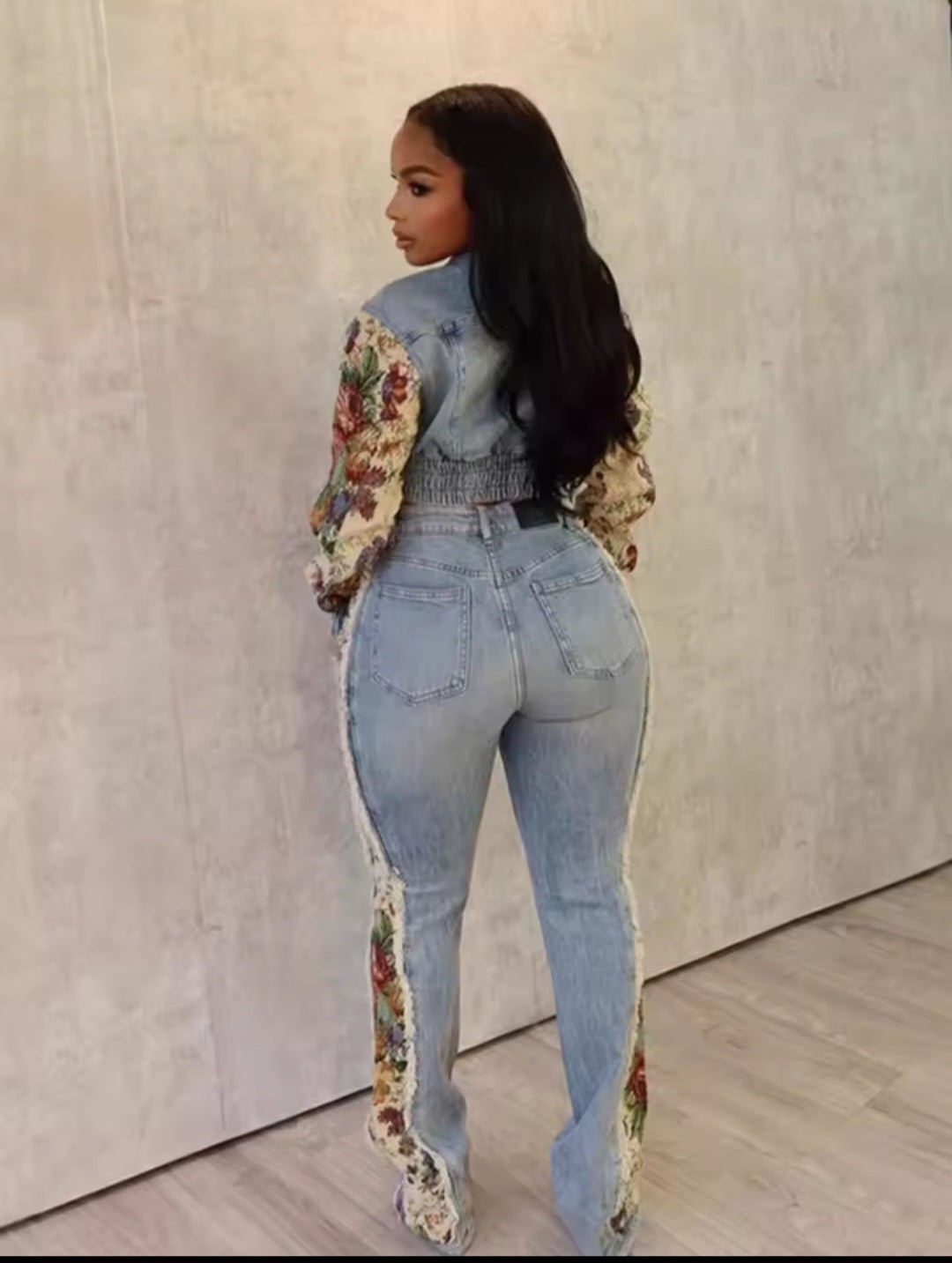 Jeans Suit Women Denim Two Piece Set Flower Print Y2K - GLITCH - BELLE