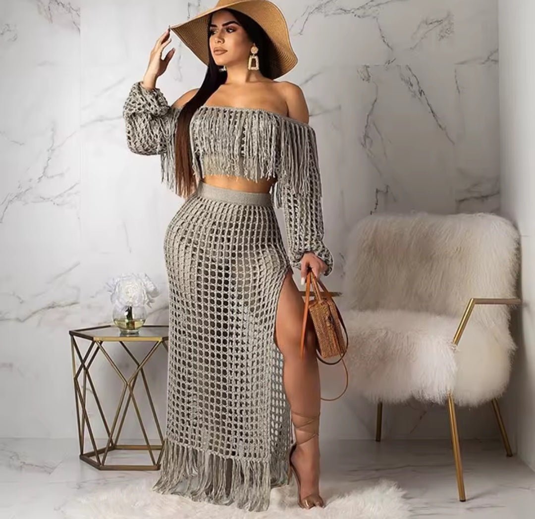 Skirt 2 Piece Set Women Beach Long Skirts Suit Top Off Shoulder Tassels Sexy Hollow Out Ensemble 2025 Summer Female Outfits - GLITCH - BELLE