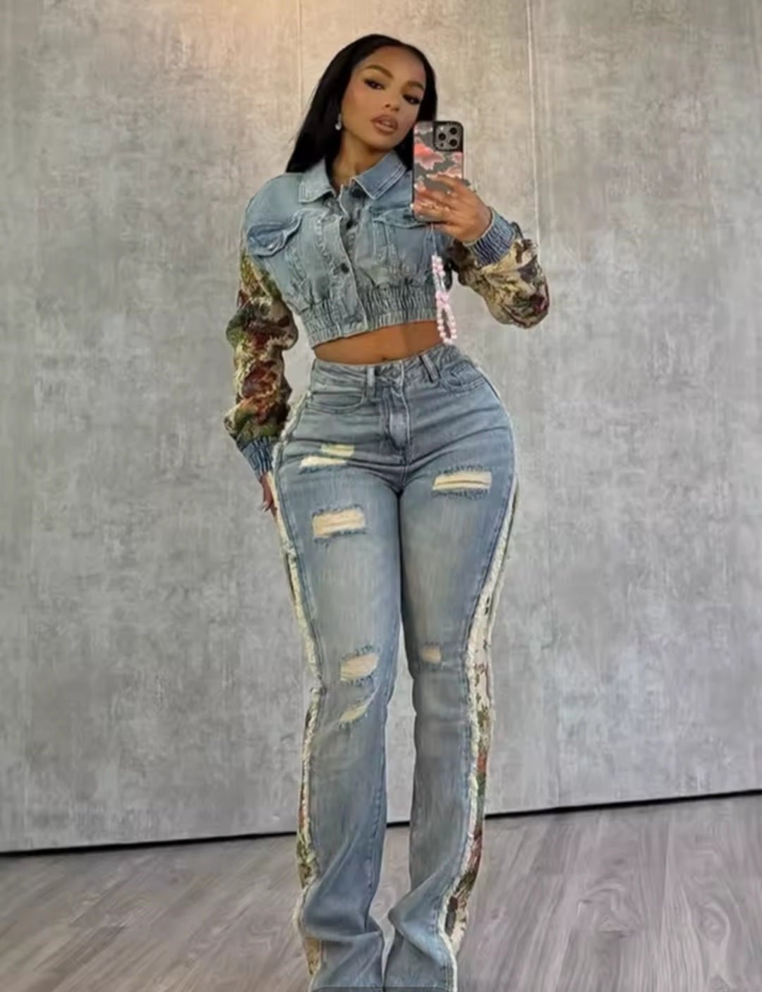 Jeans Suit Women Denim Two Piece Set Flower Print Y2K - GLITCH - BELLE