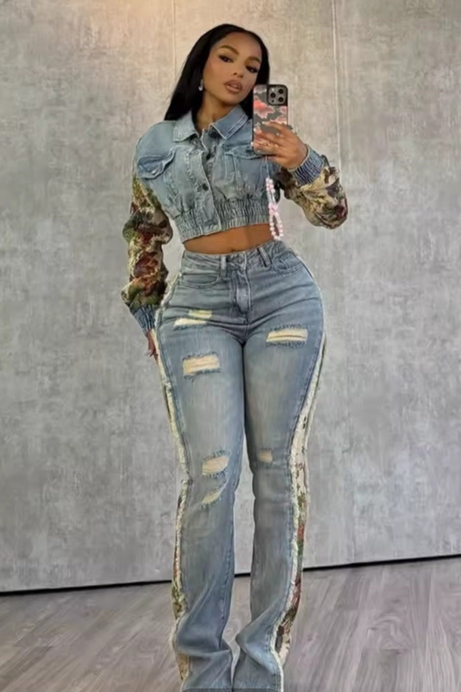 GLITCH-BELLE Women's Flower Print Y2K Denim Two-Piece Jeans Suit - GLITCH-BELLE