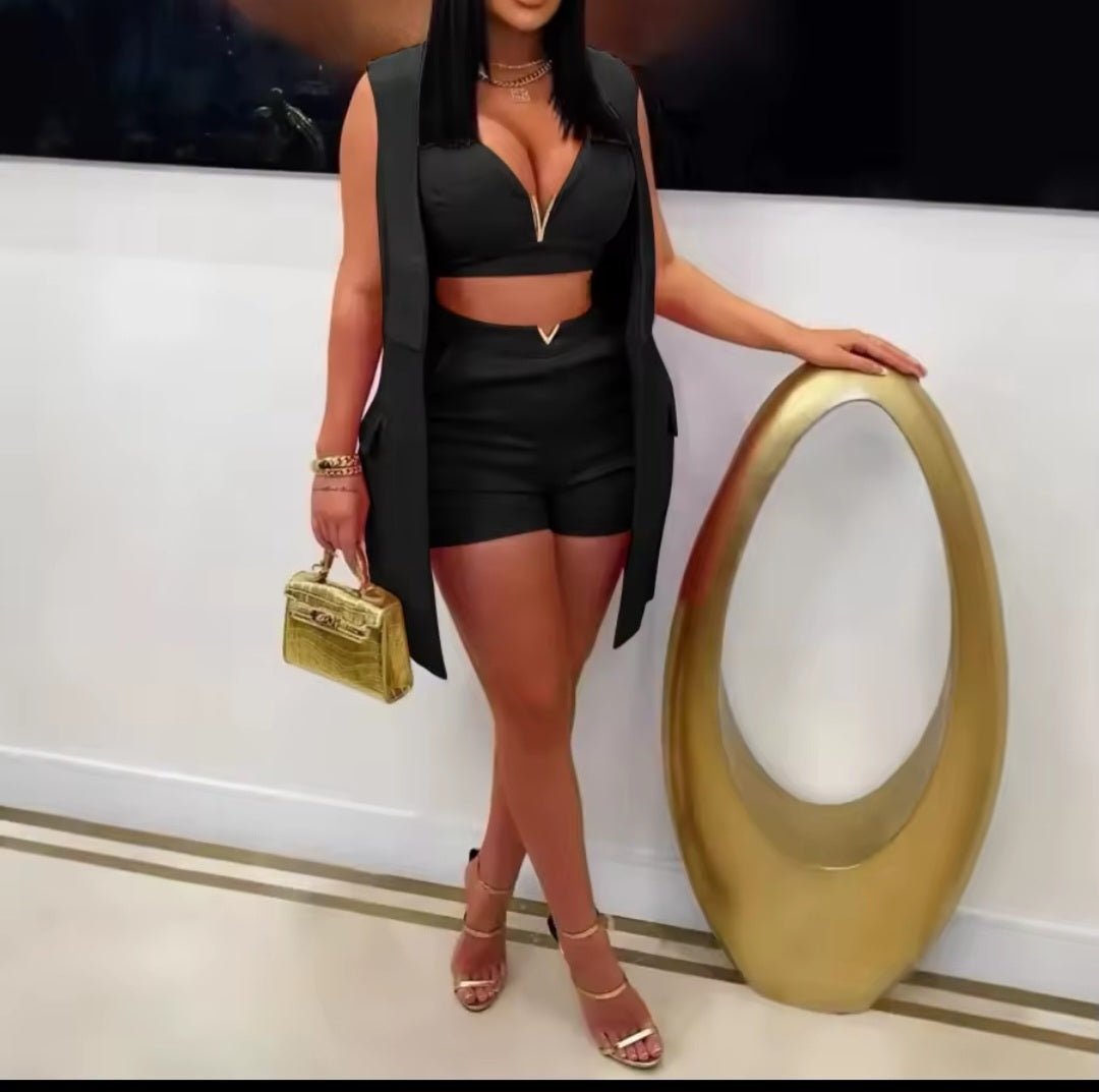 3 - Piece Sleeveless Blazer Crop Top & Shorts Matching Set – Women's Sexy Summer Spring Fashion Suit 2025 - GLITCH - BELLE