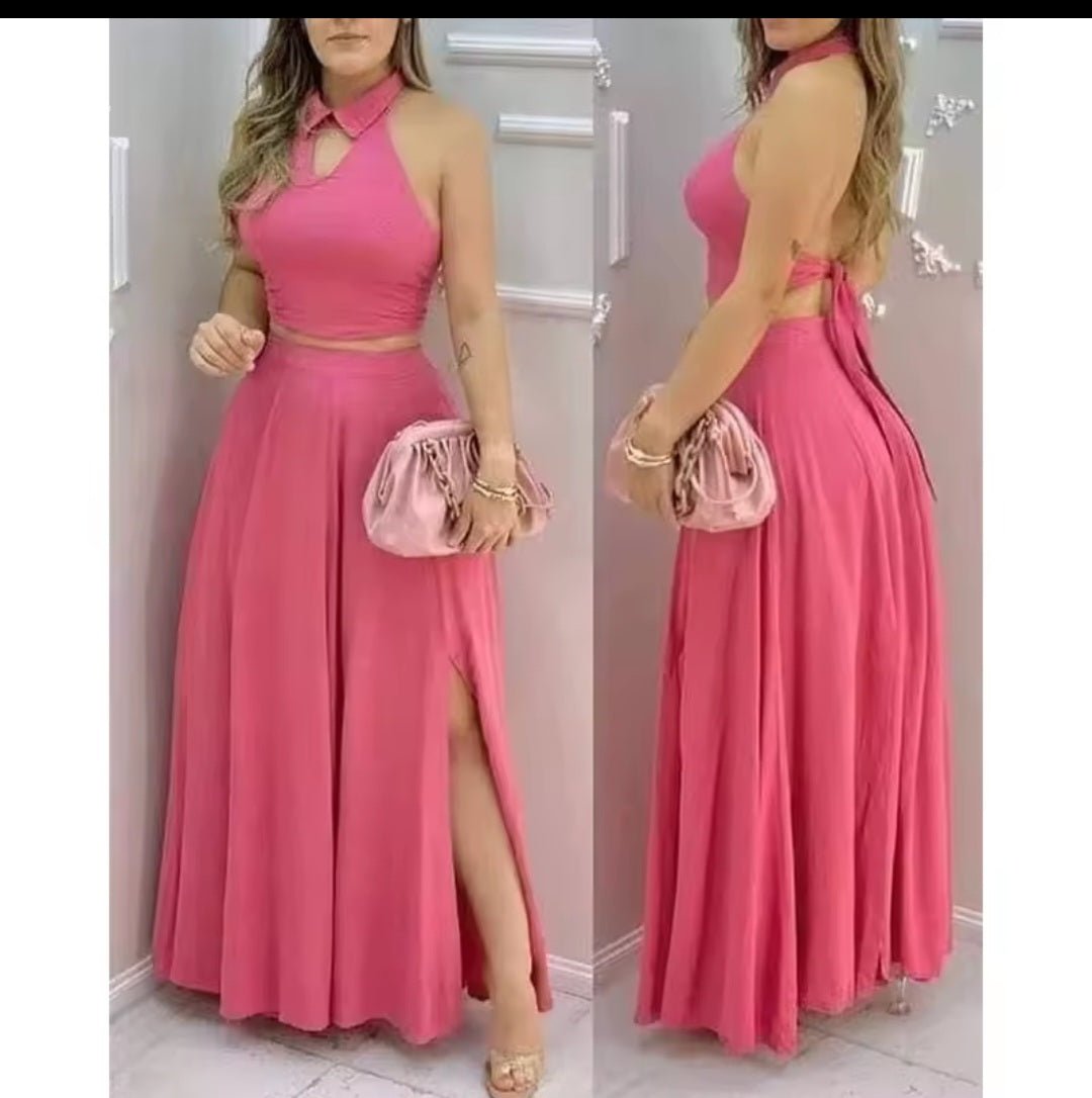 Women's Pink Two Piece Halter Crop Top & Split Maxi Skirt Set - GLITCH - BELLE