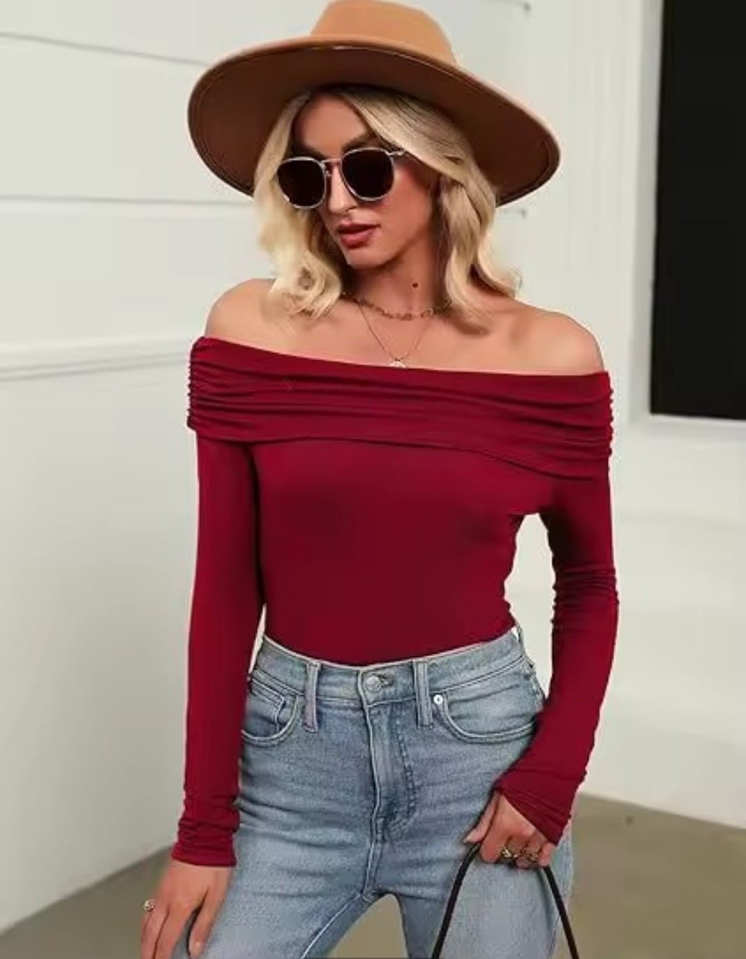 Off - Shoulder Long Sleeve Slim Blouse – Women's Bardot Fitted Top - GLITCH - BELLE