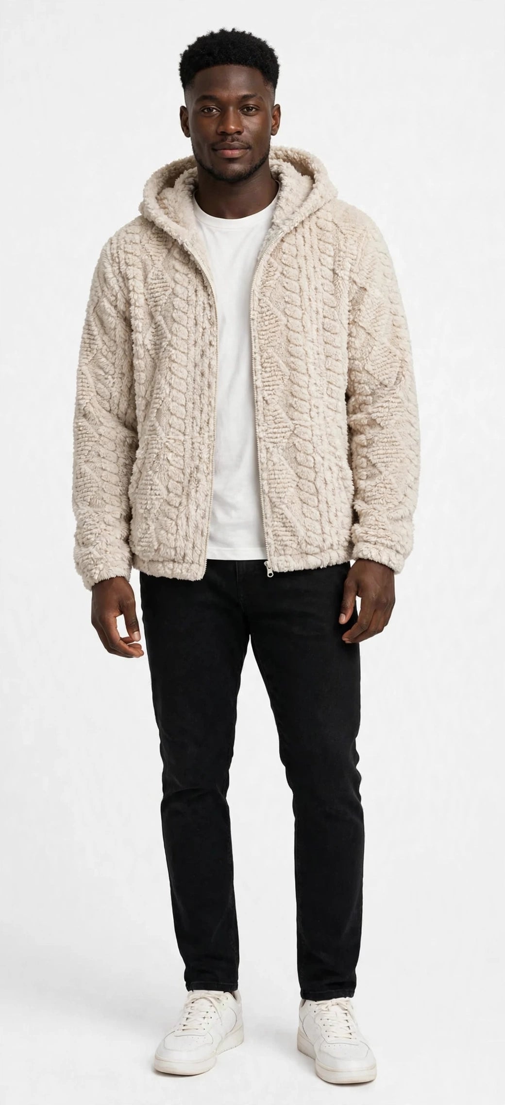 Jacquard Plush Zip-Up Hoodie Cardigan – Men's