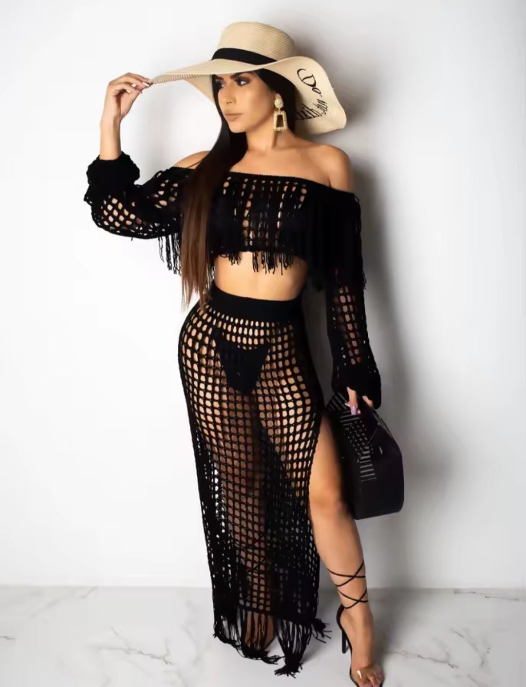 Skirt 2 Piece Set Women Beach Long Skirts Suit Top Off Shoulder Tassels Sexy Hollow Out Ensemble 2025 Summer Female Outfits - GLITCH - BELLE