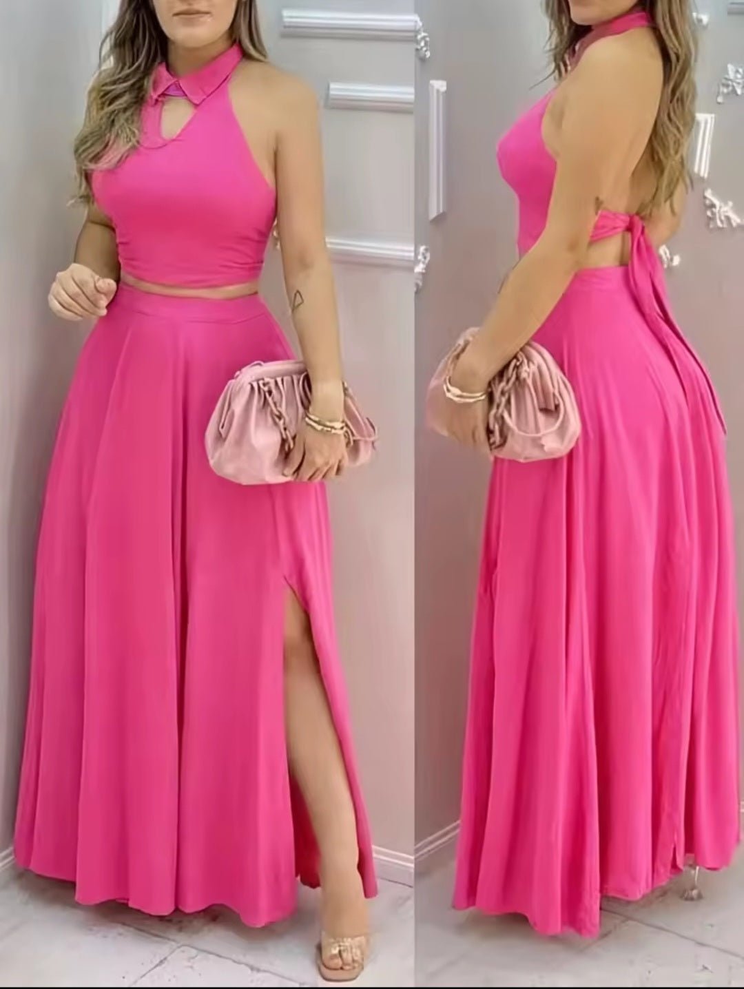 Women's Pink Two Piece Halter Crop Top & Split Maxi Skirt Set - GLITCH - BELLE