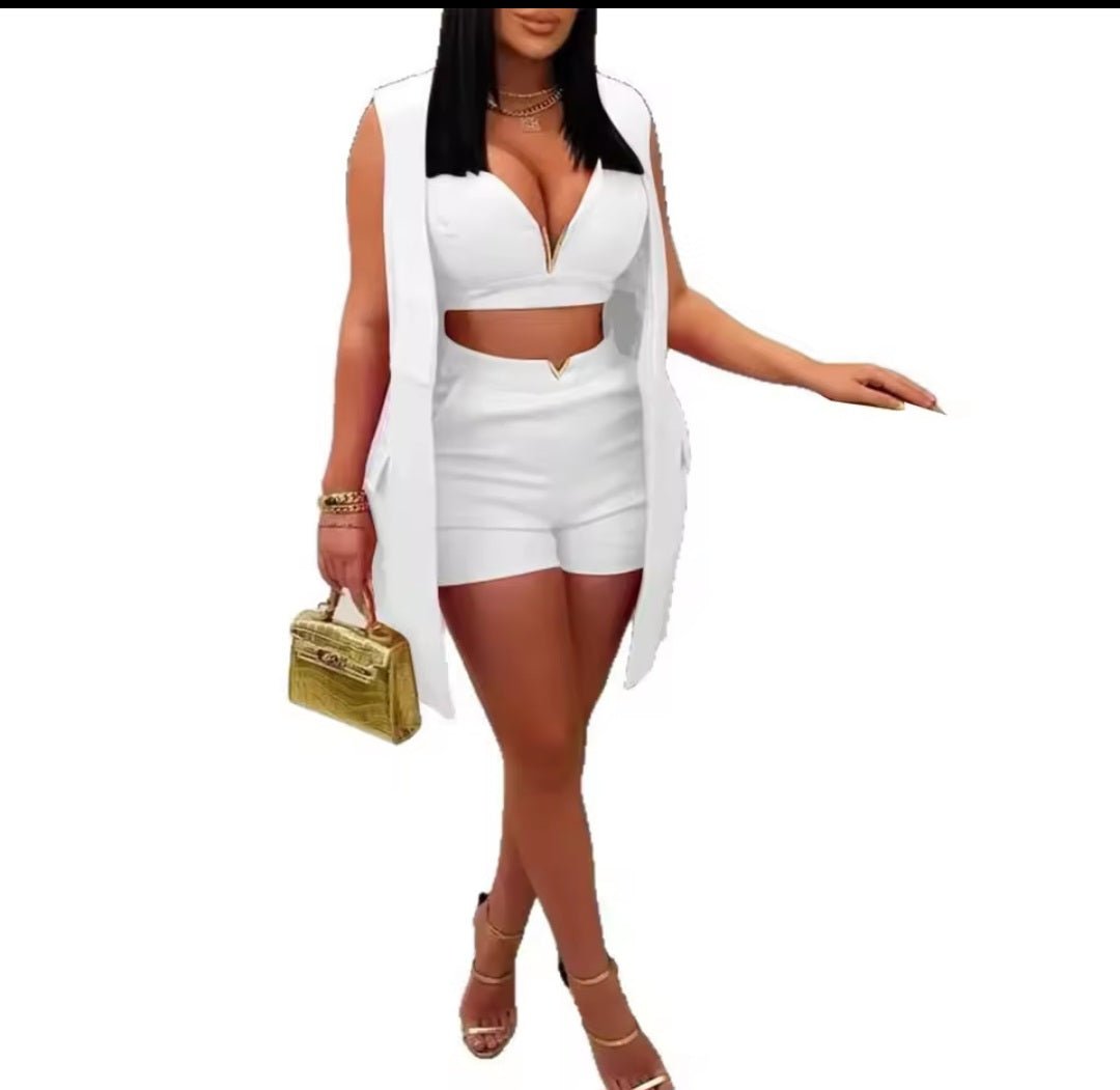 3 - Piece Sleeveless Blazer Crop Top & Shorts Matching Set – Women's Sexy Summer Spring Fashion Suit 2025 - GLITCH - BELLE
