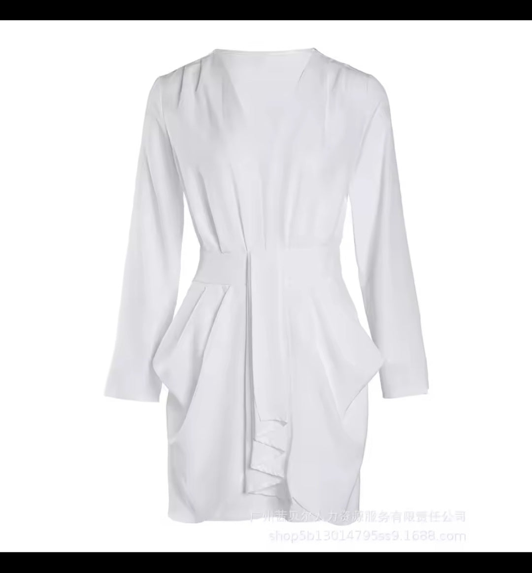 Long Sleeve Splice High Waist Mini Dress – Women's V - Neck A - Line Solid Folds Elegant Lady Dress - GLITCH - BELLE
