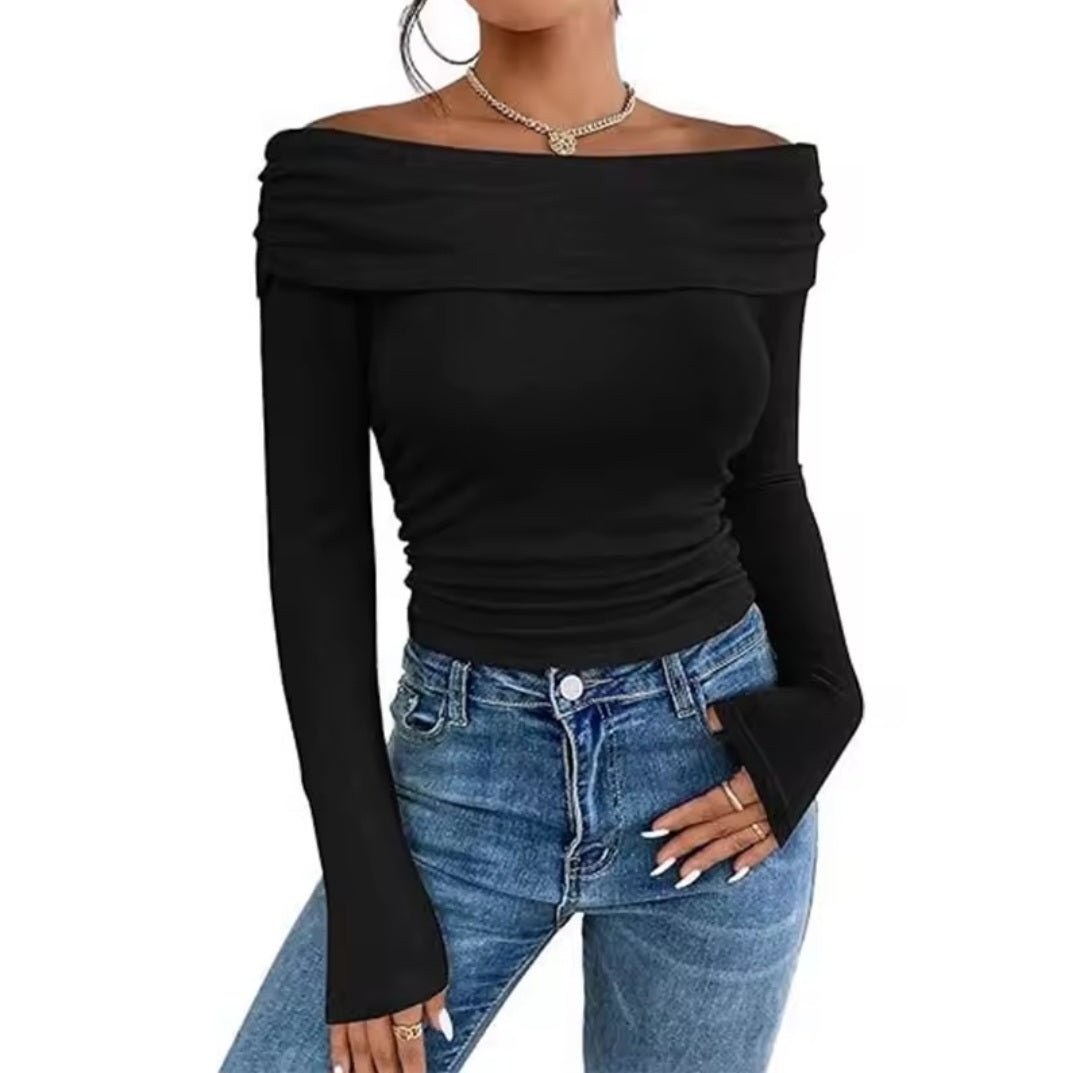 Off - Shoulder Long Sleeve Slim Blouse – Women's Bardot Fitted Top - GLITCH - BELLE