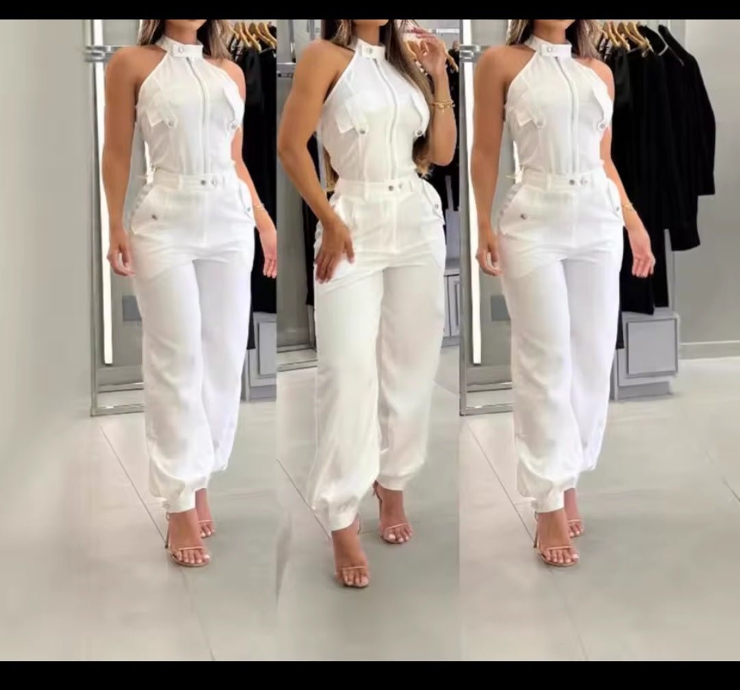 2025 Summer Women's Sleeveless Slim Fit Top & Wide - Leg Work Pants 2 - Piece Suit - GLITCH - BELLE