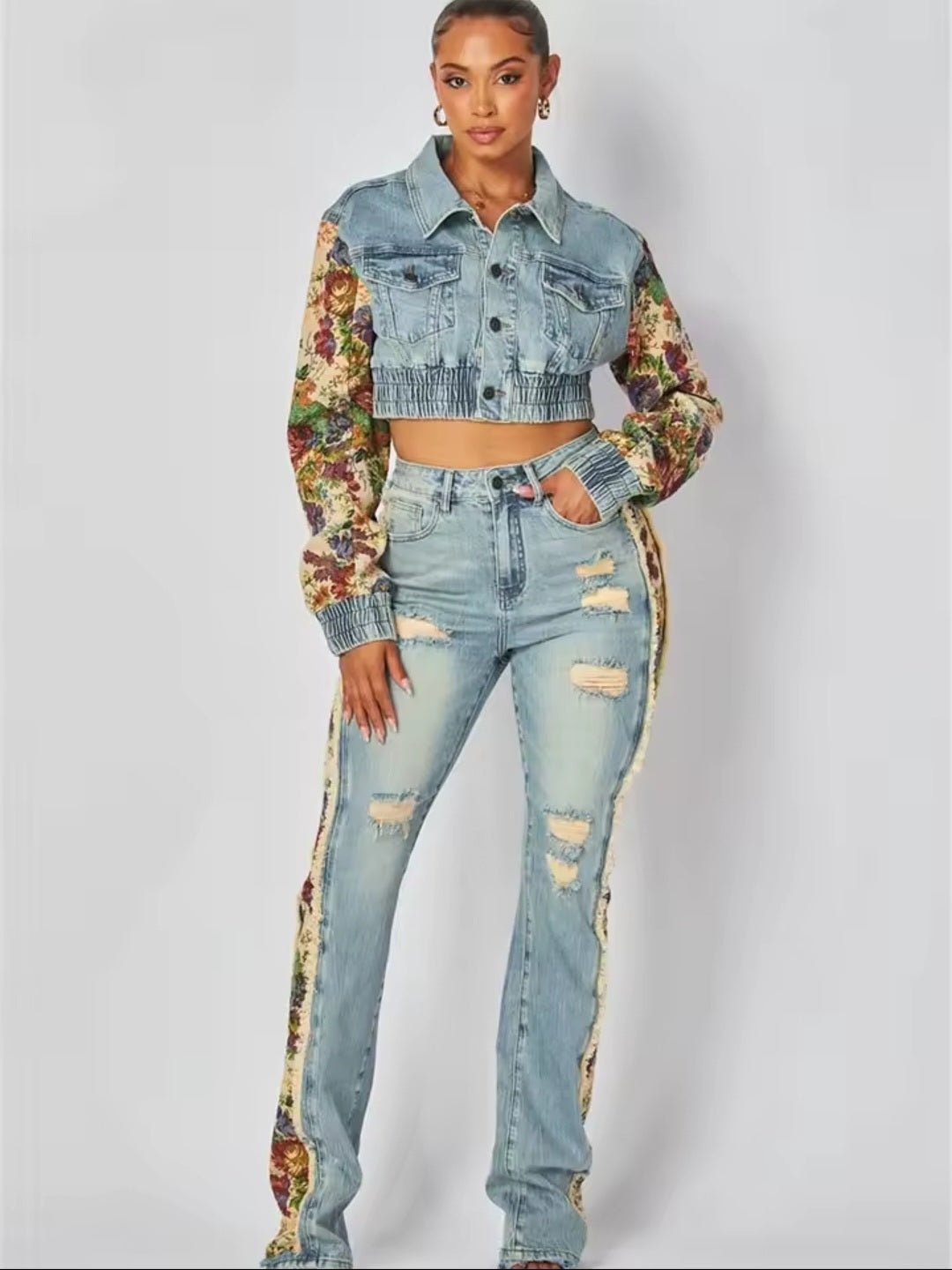 Jeans Suit Women Denim Two Piece Set Flower Print Y2K - GLITCH - BELLE