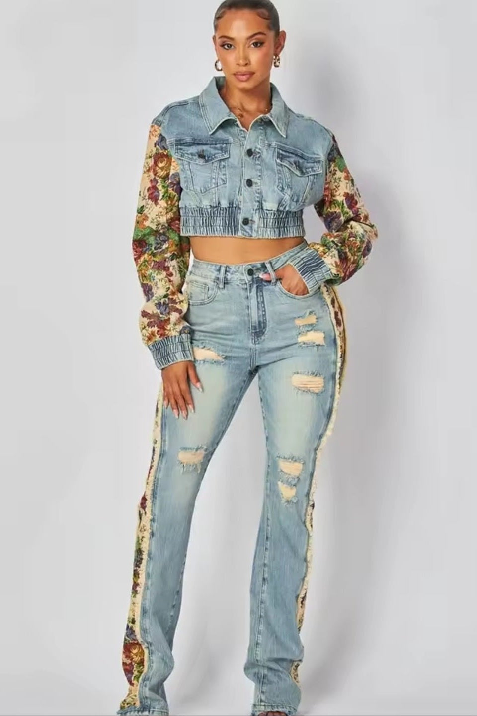 GLITCH-BELLE Women's Flower Print Y2K Denim Two-Piece Jeans Suit - GLITCH-BELLE