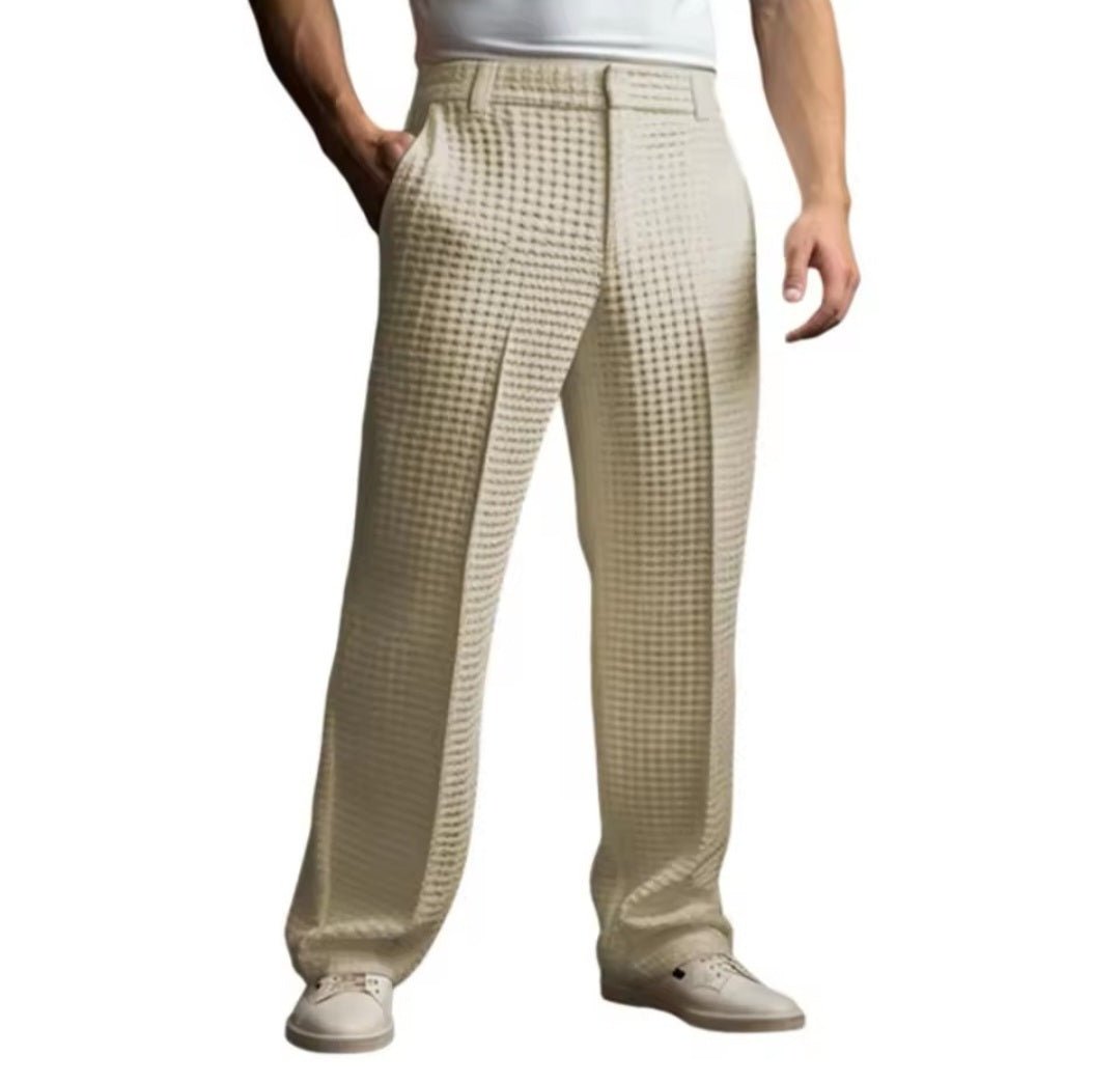 Men's Elegant Waffle Suit Pants – Solid Loose Straight Trousers | Business Casual & Vacation - GLITCH - BELLE