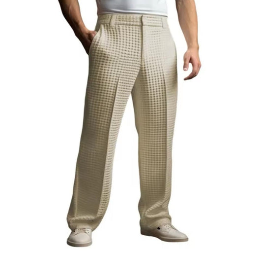 Men's Elegant Waffle Suit Pants – Solid Loose Straight Trousers | Business Casual & Vacation - GLITCH - BELLE