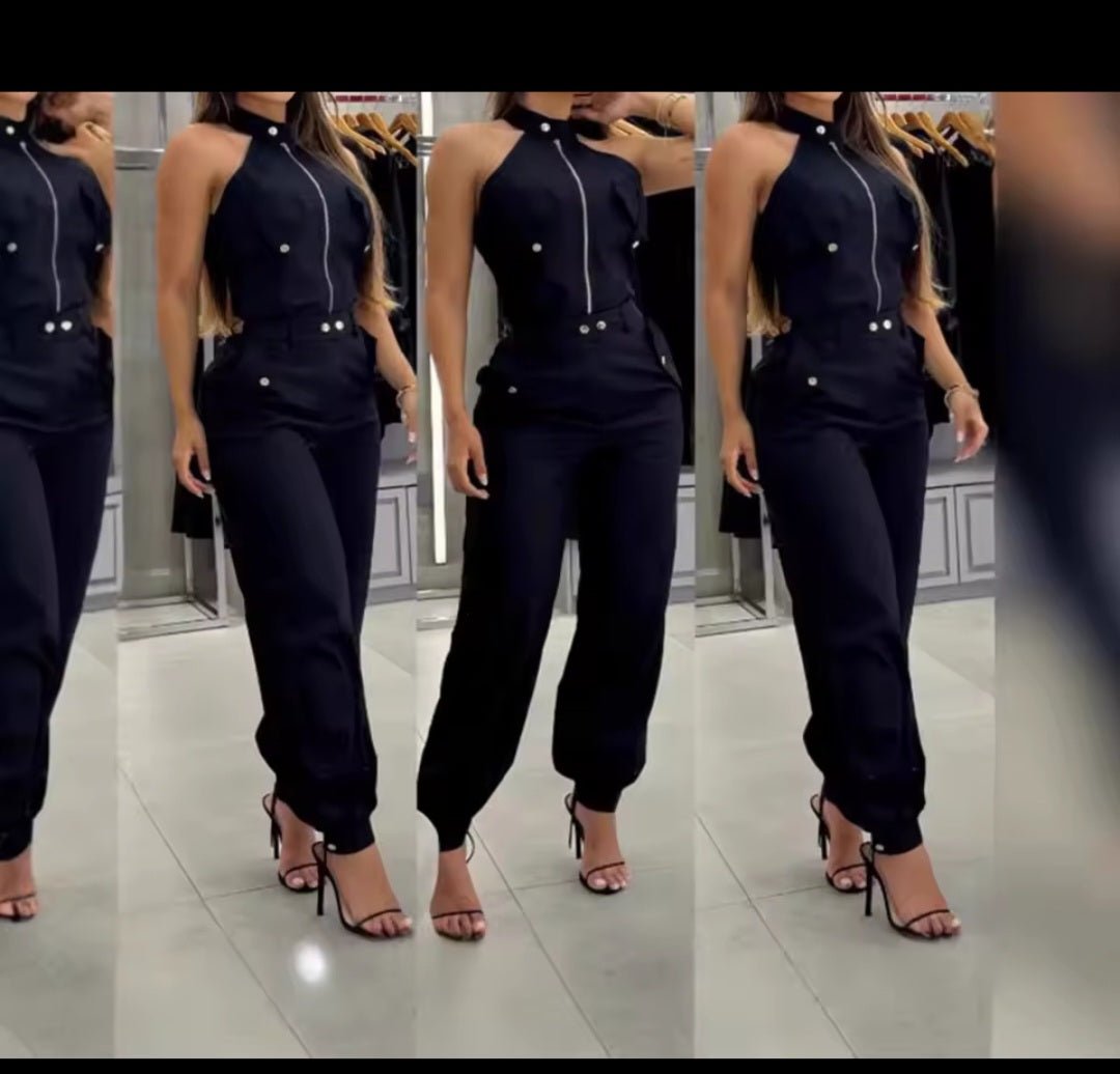 2025 Summer Women's Sleeveless Slim Fit Top & Wide - Leg Work Pants 2 - Piece Suit - GLITCH - BELLE