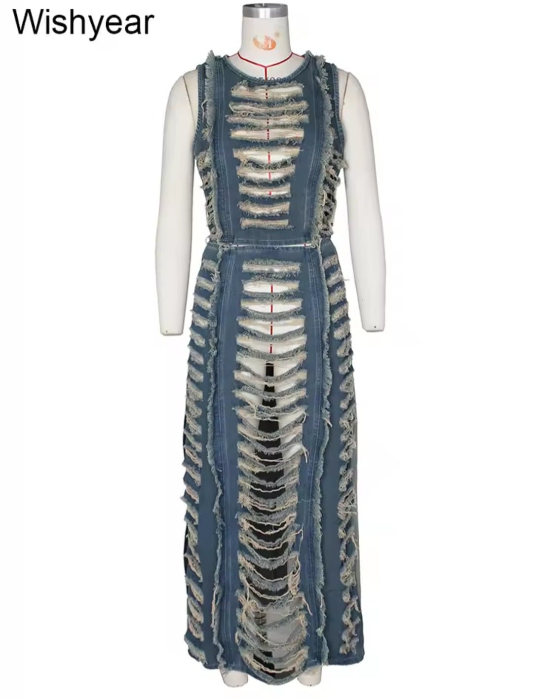 Y2K Ripped Hole Denim 2 - Piece Set – Sleeveless Crop Top & Side Slit Skirt - GLITCH - BELLE