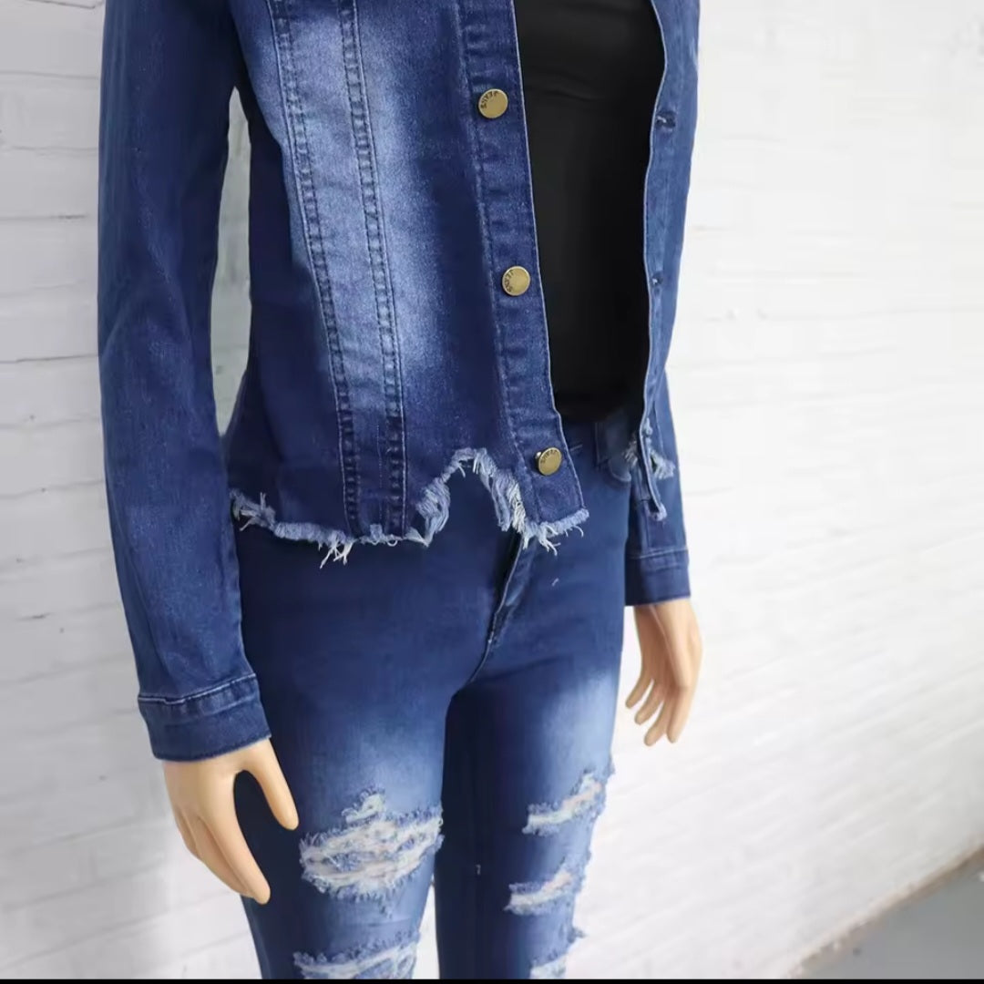 Mannequin wearing a blue denim jacket and jeans against a white background