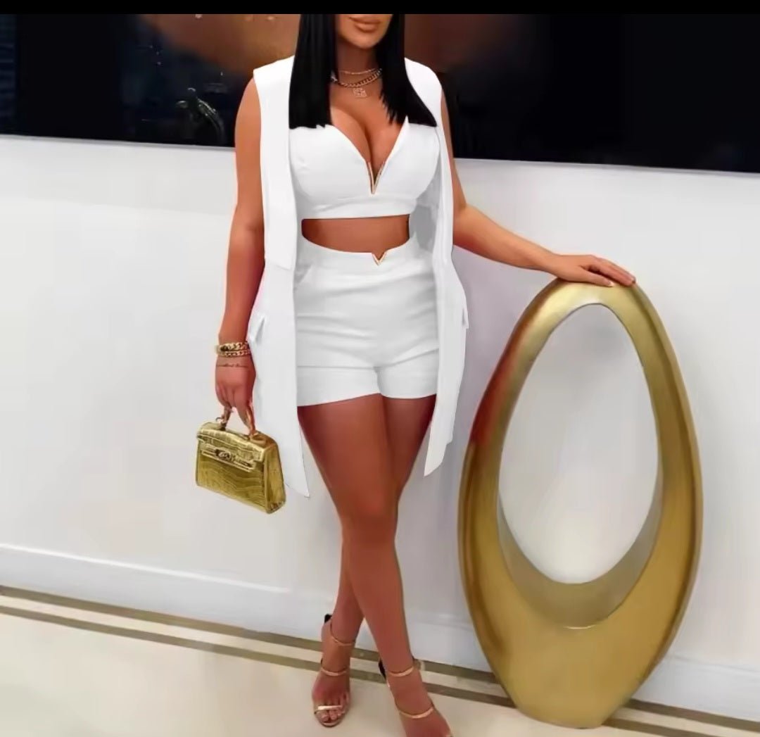 3 - Piece Sleeveless Blazer Crop Top & Shorts Matching Set – Women's Sexy Summer Spring Fashion Suit 2025 - GLITCH - BELLE