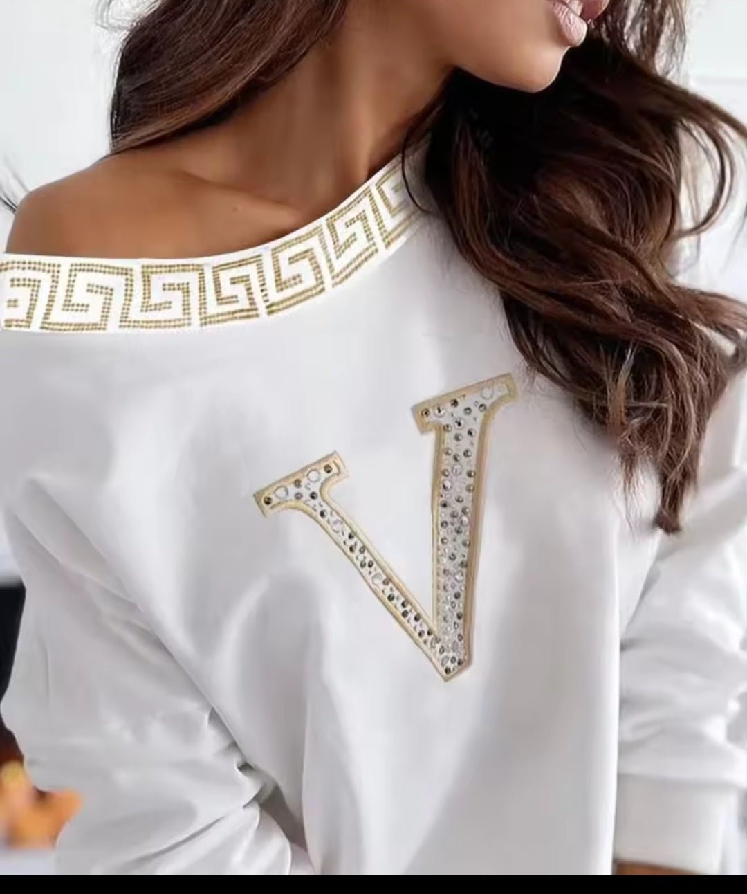 Rhinestone Letter One - Shoulder Long Sleeve Top – Women's Casual Luxury Sweatshirt - GLITCH - BELLE
