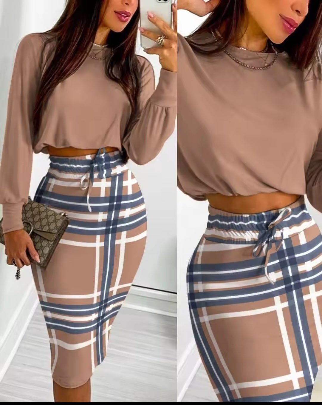 Two Piece Plaid Set - Long Sleeve Top & Midi Skirt - GLITCH - BELLE
