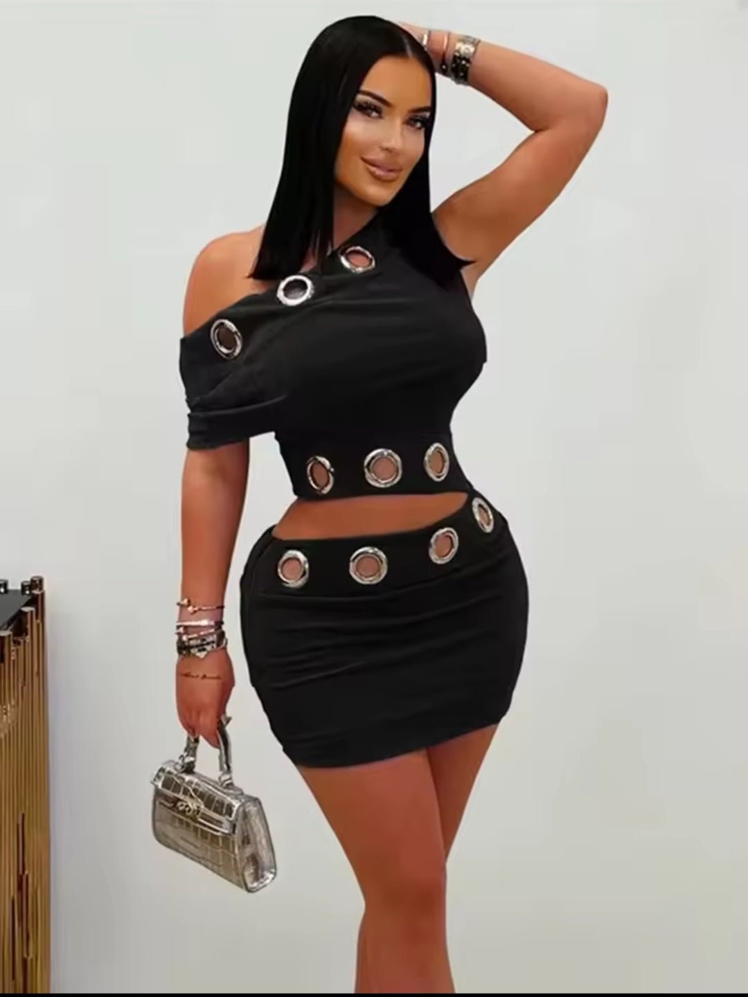 Metal Ring 2 - Piece Set - Skew Collar Crop Top & Peach Hip Skirt - GLITCH - BELLE