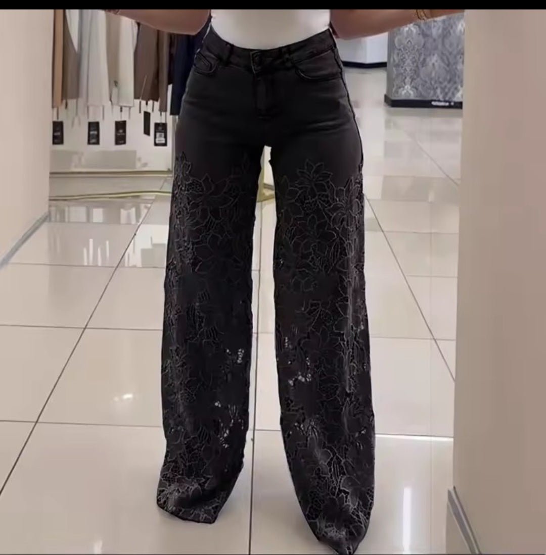 Women's Lace Cut - Out High Waist Wide Leg Denim Pants - GLITCH - BELLE