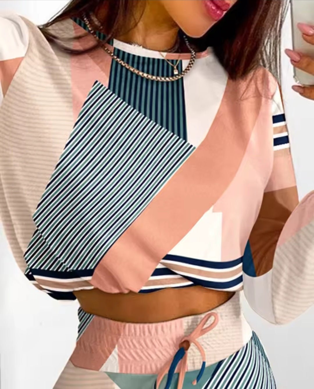Two Piece Plaid Set - Long Sleeve Top & Midi Skirt - GLITCH - BELLE