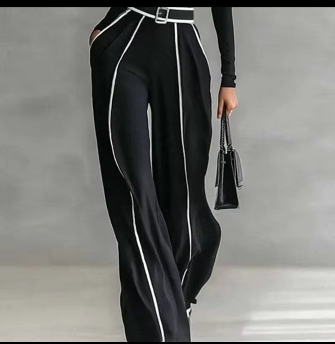 Spring Women's Color Matching Two - Piece Set – High Neck Slim Top & Wide - Leg Pants Suit - GLITCH - BELLE