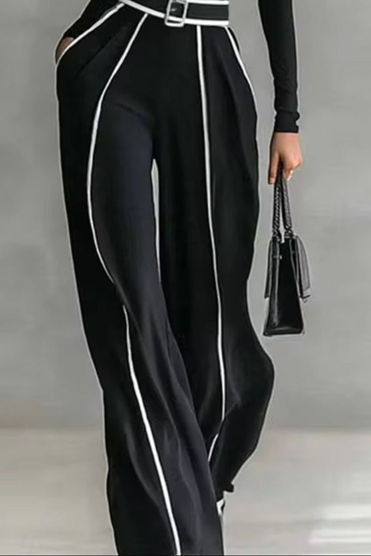 Spring Women's Color Matching Two-Piece Set – High Neck Slim Top & Wide-Leg Pants Suit - GLITCH-BELLE