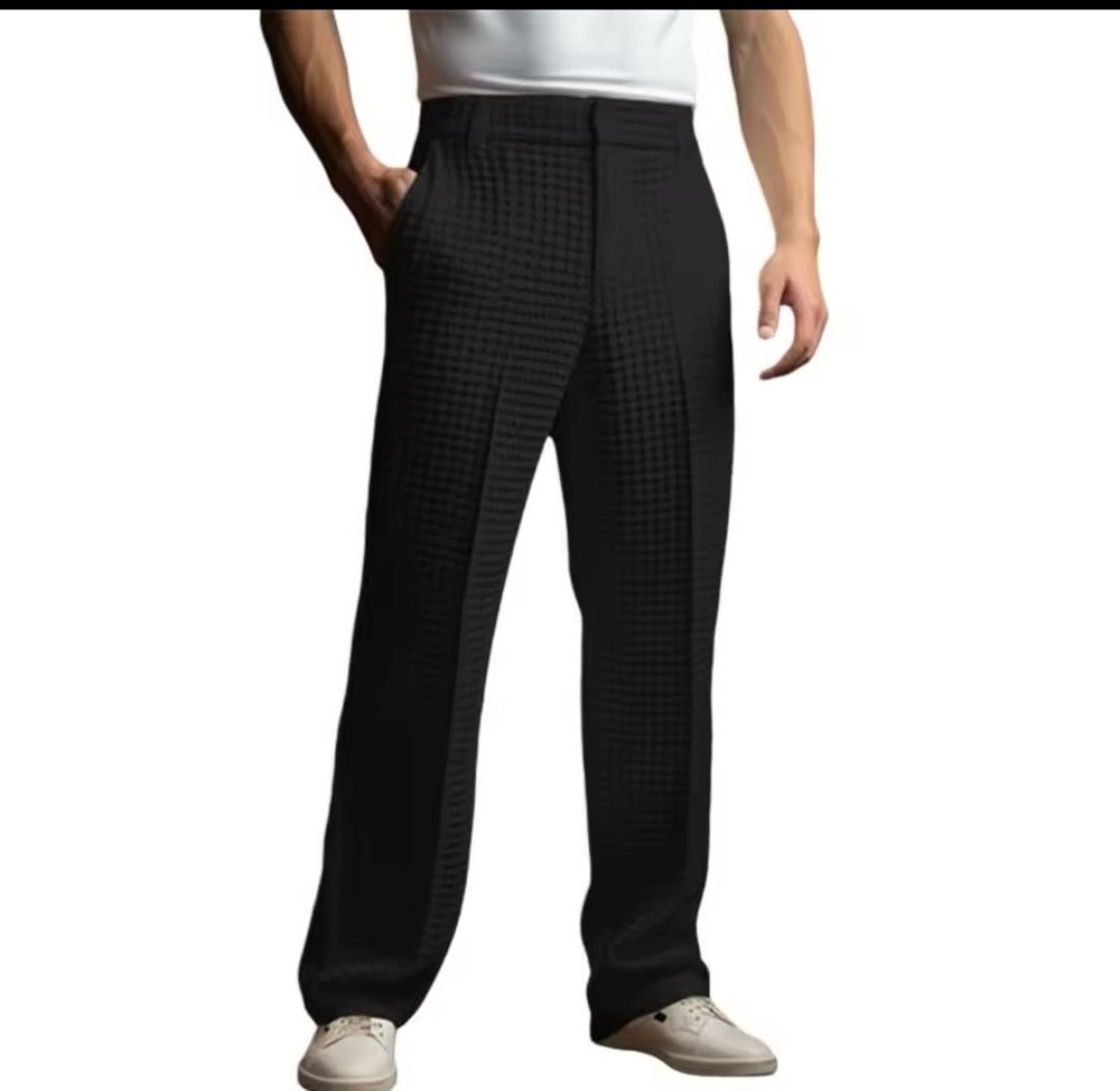 Men's Elegant Waffle Suit Pants – Solid Loose Straight Trousers | Business Casual & Vacation - GLITCH - BELLE