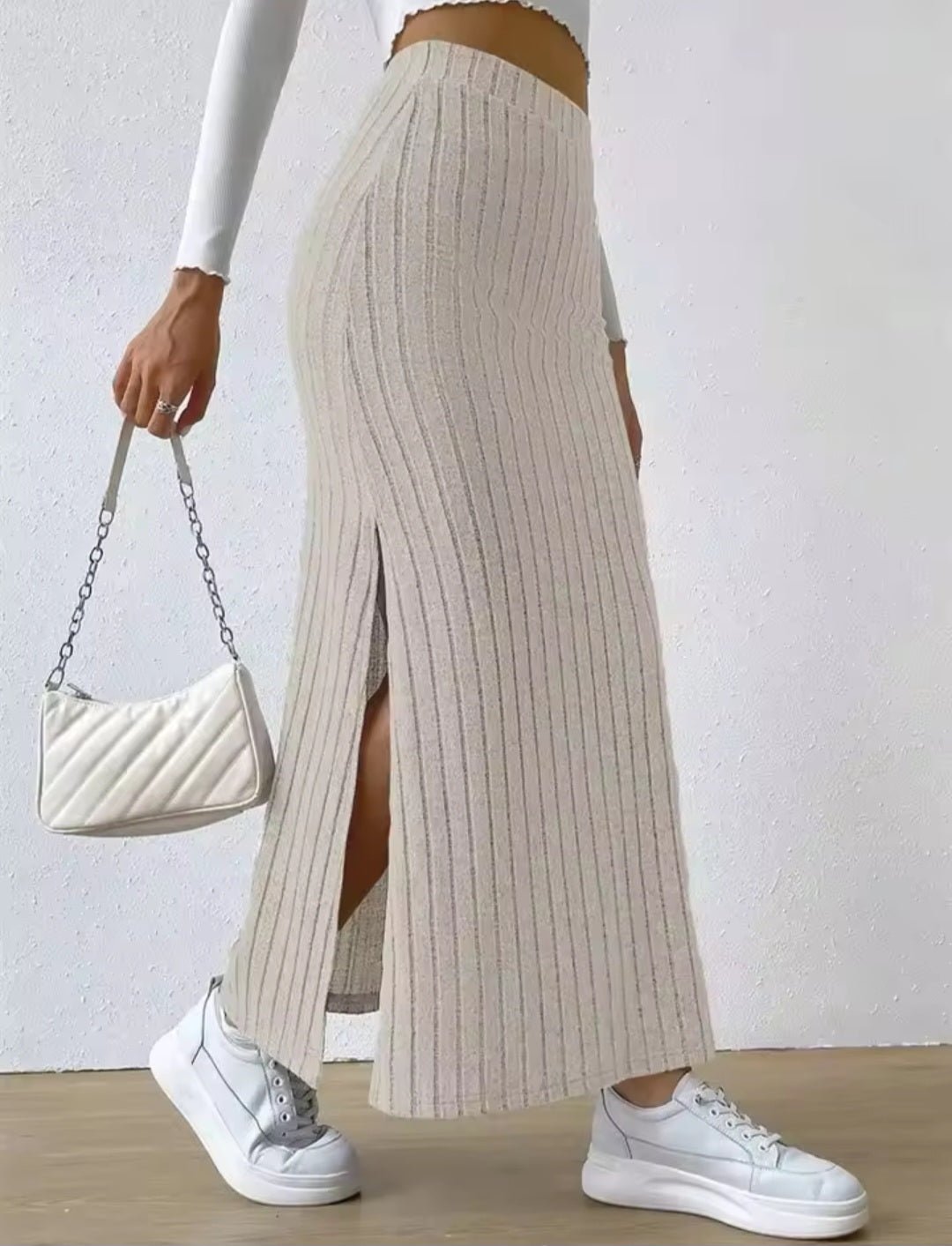 Women's Rib - Knit Side Split Maxi Skirt – High Waist Elegant Straight Skirt - GLITCH - BELLE