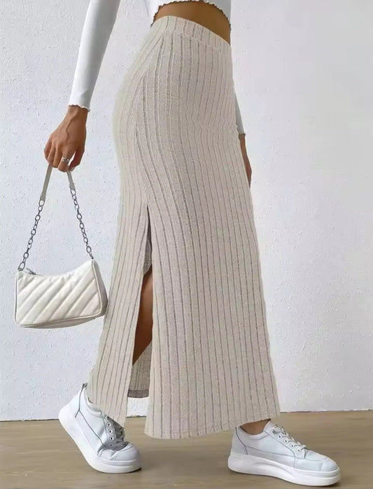 Women's Rib - Knit Side Split Maxi Skirt – High Waist Elegant Straight Skirt - GLITCH - BELLE